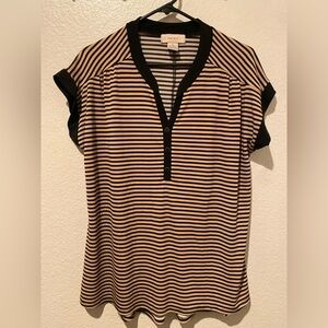 Diana Belle Striped Short Sleeve Henley Top in Black & Beige